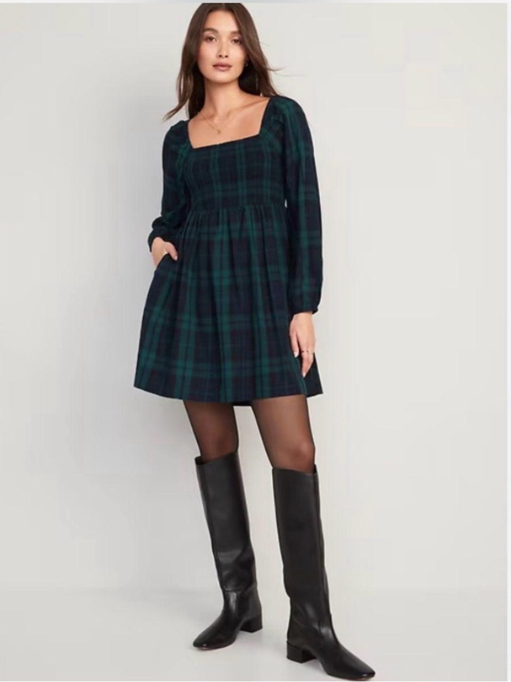 Old Navy Plaid Square-Neck Mini Dress in Dark Green & Navy